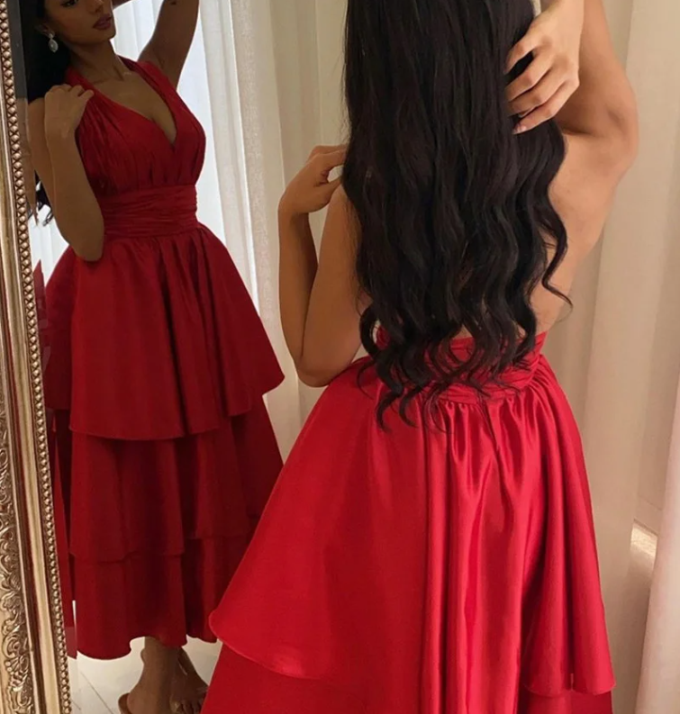 Elegant Short Satin Halter Evening Dresses Muslim Backless A-Line Red Dress Formal Dress Pleated Tea Length Gowns fg6308 - View 4 | VelvetHem