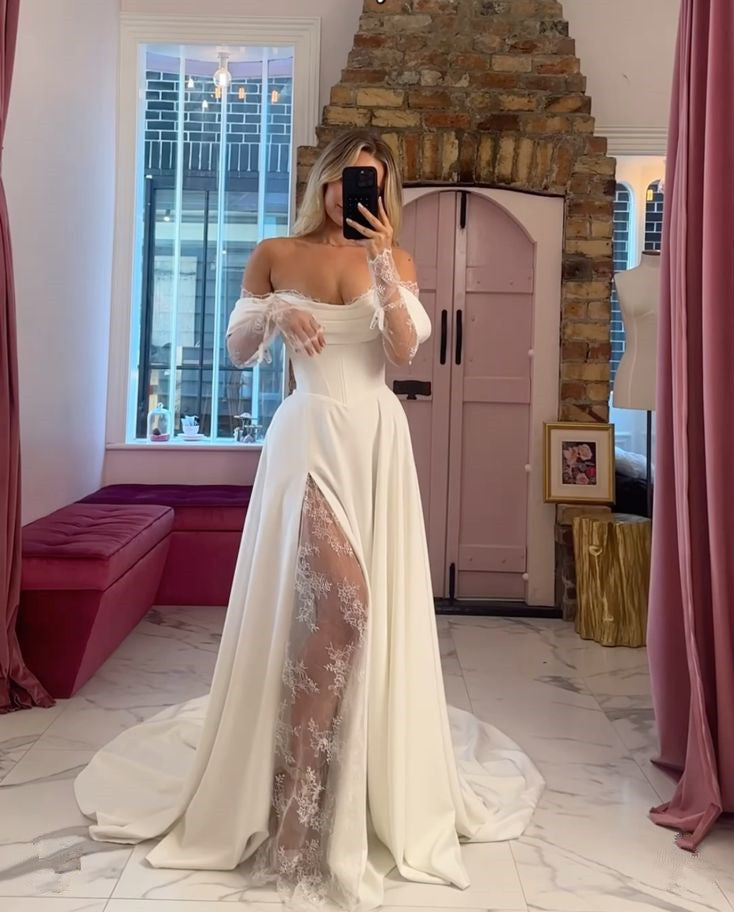Sexy Slit Off Shoulder Lace Long Sleeves Wedding Dress fg6611 - View 2 | VelvetHem