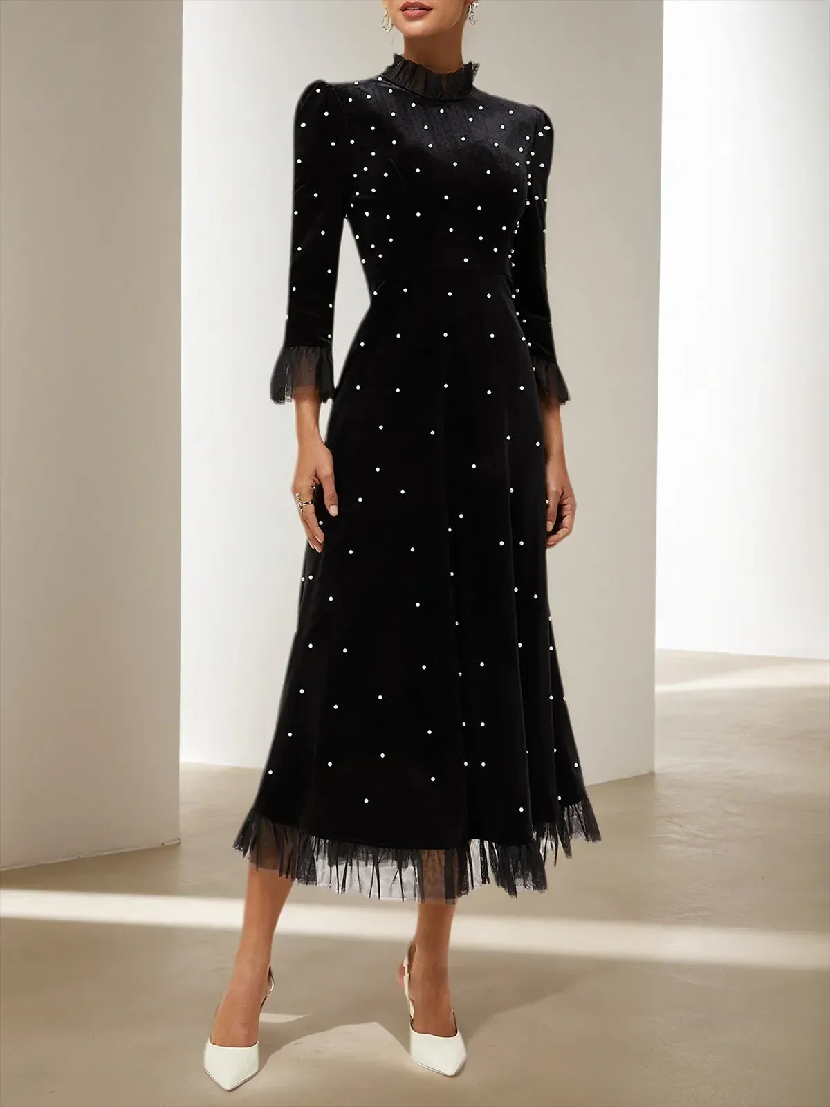 Black Beaded Ruffled Mock Neck Three Quarter Sleeve A-Line Maxi Velvet Dress - VelvetHem