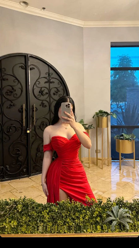 Red Off Shoulder Evening Party Dress With Slit fg6522 - View 2 | VelvetHem
