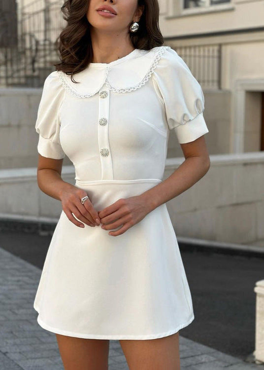 Eloise Pearl Button Puff Sleeve Mini Dress