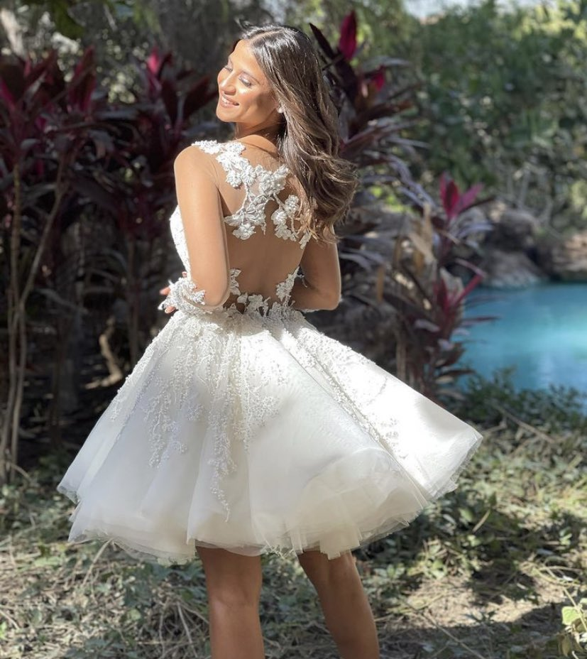 A Line Unique Short Wedding Dress with Lace Appliques fg6599 - View 3 | VelvetHem