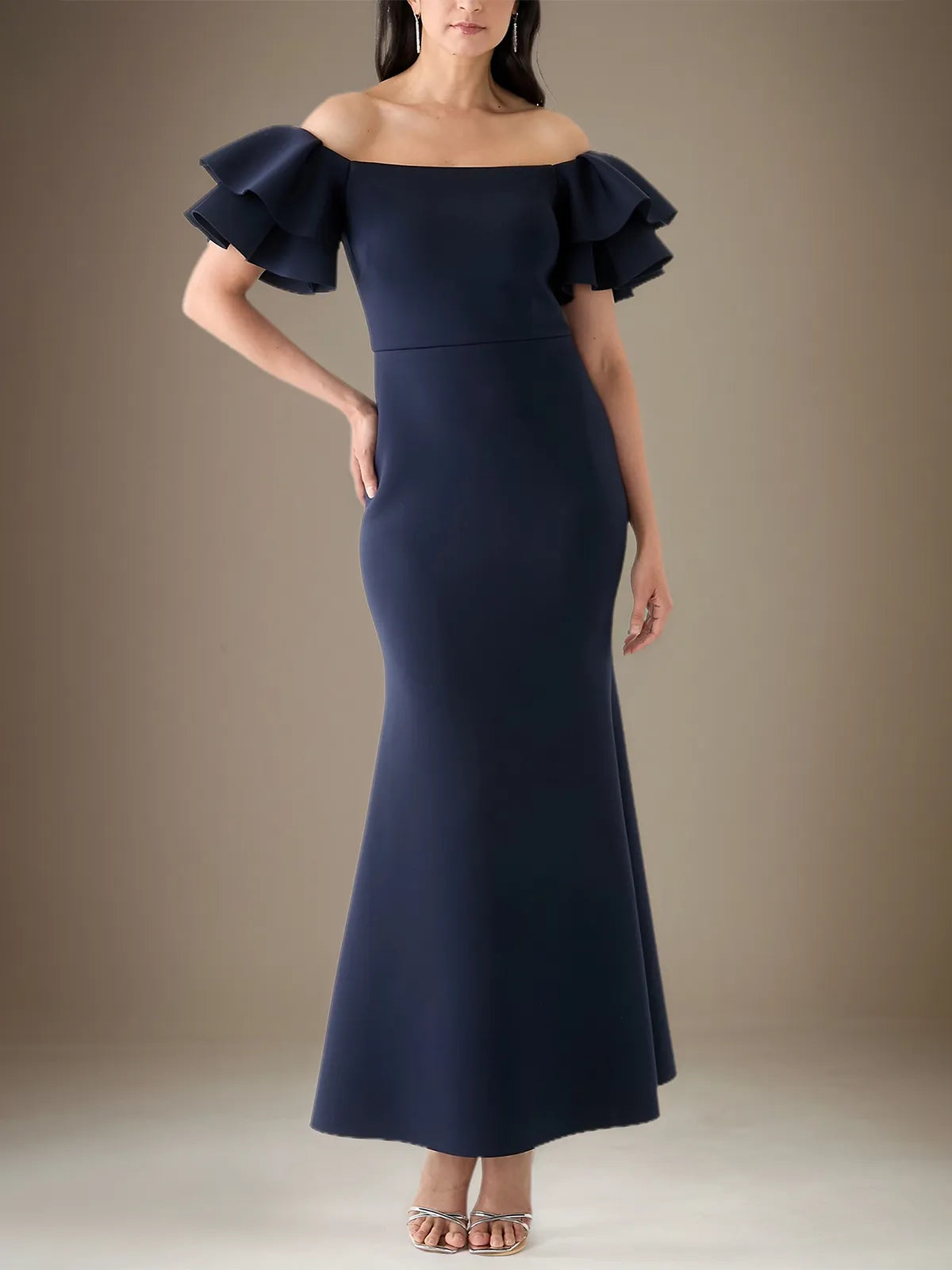 Trumpet/Mermaid Stretch Crepe Off The Shoulder Short Sleeves Ankle Length Dress - VelvetHem