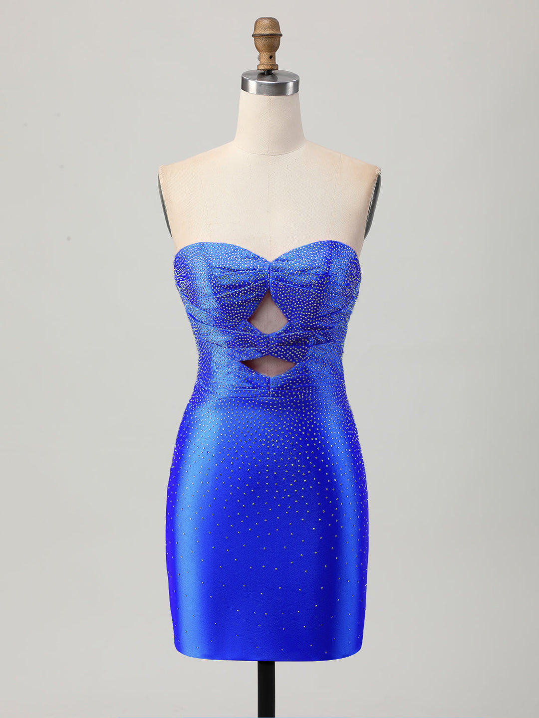 Strapless Tight Satin Cut Out Short Mini Dress with Beading - VelvetHem