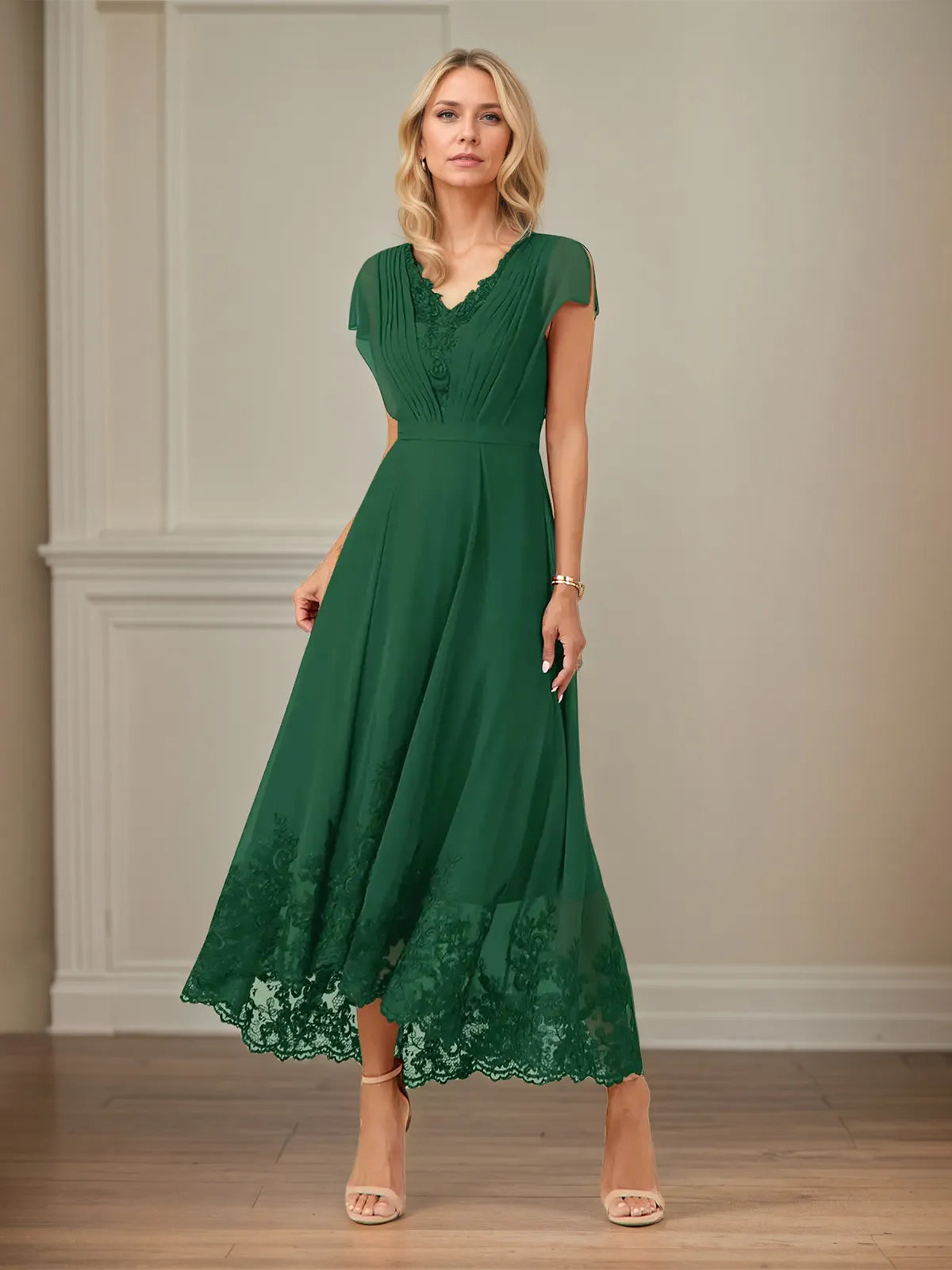 A Line V Neck Flutter Sleeve Ankle Length Chiffon Dress With Appliques - VelvetHem