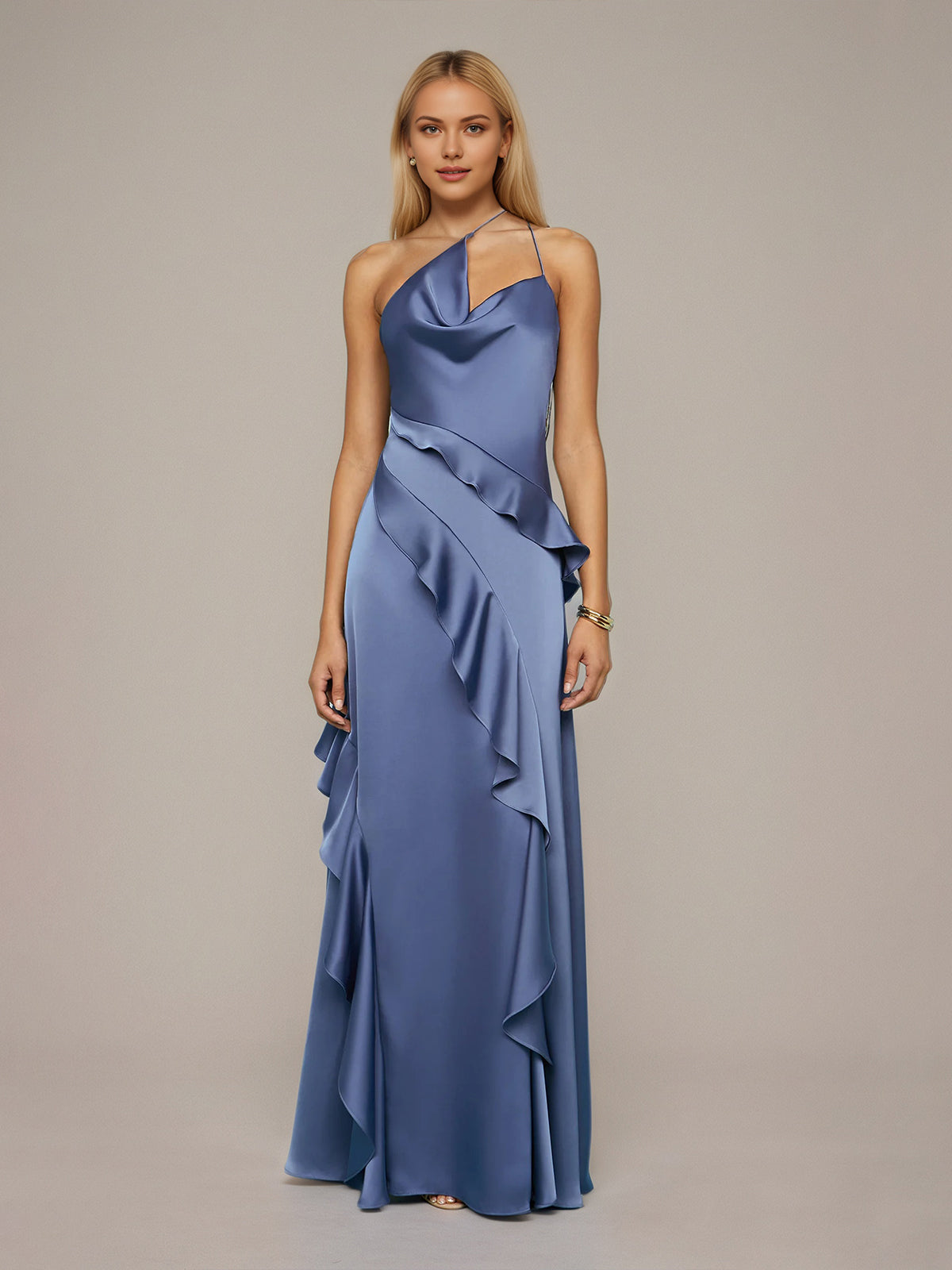 Slate Blue Sheath/Column Satin Asymmetrical Sleeveless Floor Length Dresses With Ruffles - VelvetHem