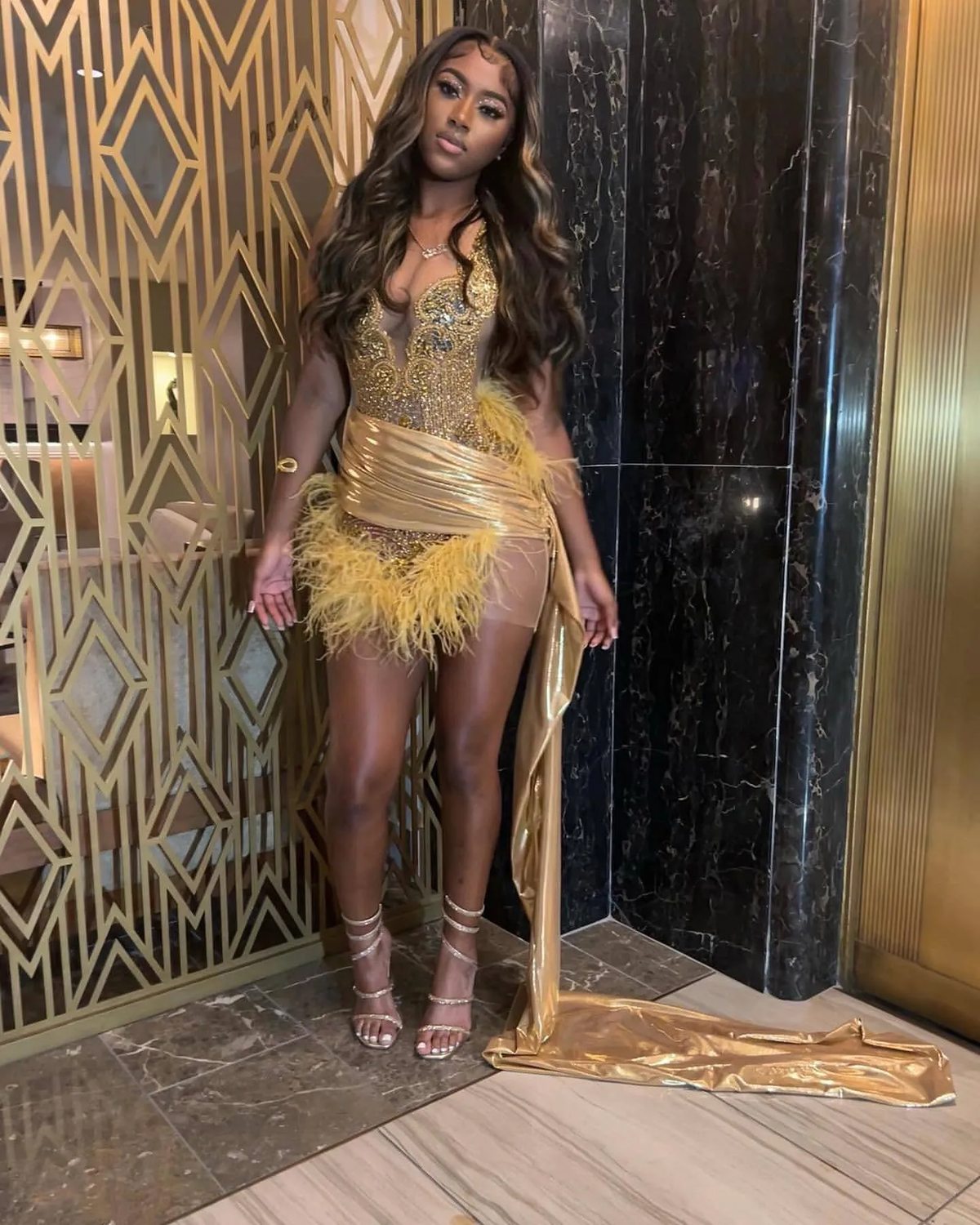 Sexy Black Girls Birthday Dresses Gold Rhinestone Feathers Mini Cocktail Party Gowns Women Club Outfit Vestidos De Gala fg6461 - View 2 | VelvetHem