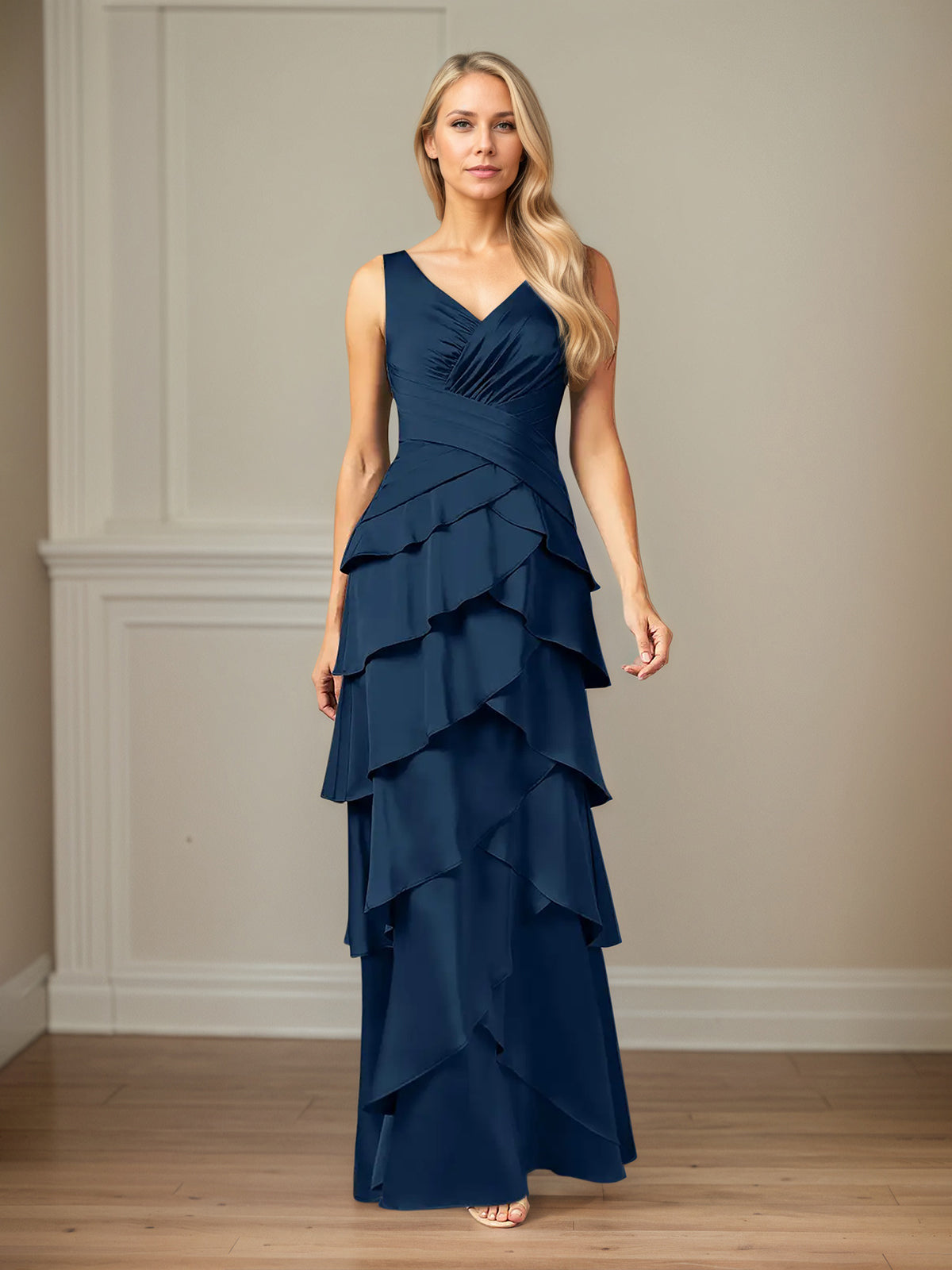 A Line Satin V Neck Sleeveless Floor Length Mother of the Bride Dress With Ruffles - VelvetHem