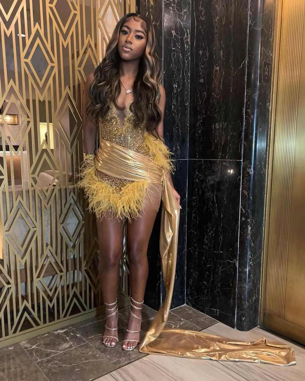 Sexy Black Girls Birthday Dresses Gold Rhinestone Feathers Mini Cocktail Party Gowns Women Club Outfit Vestidos De Gala fg6461 - View 3 | VelvetHem