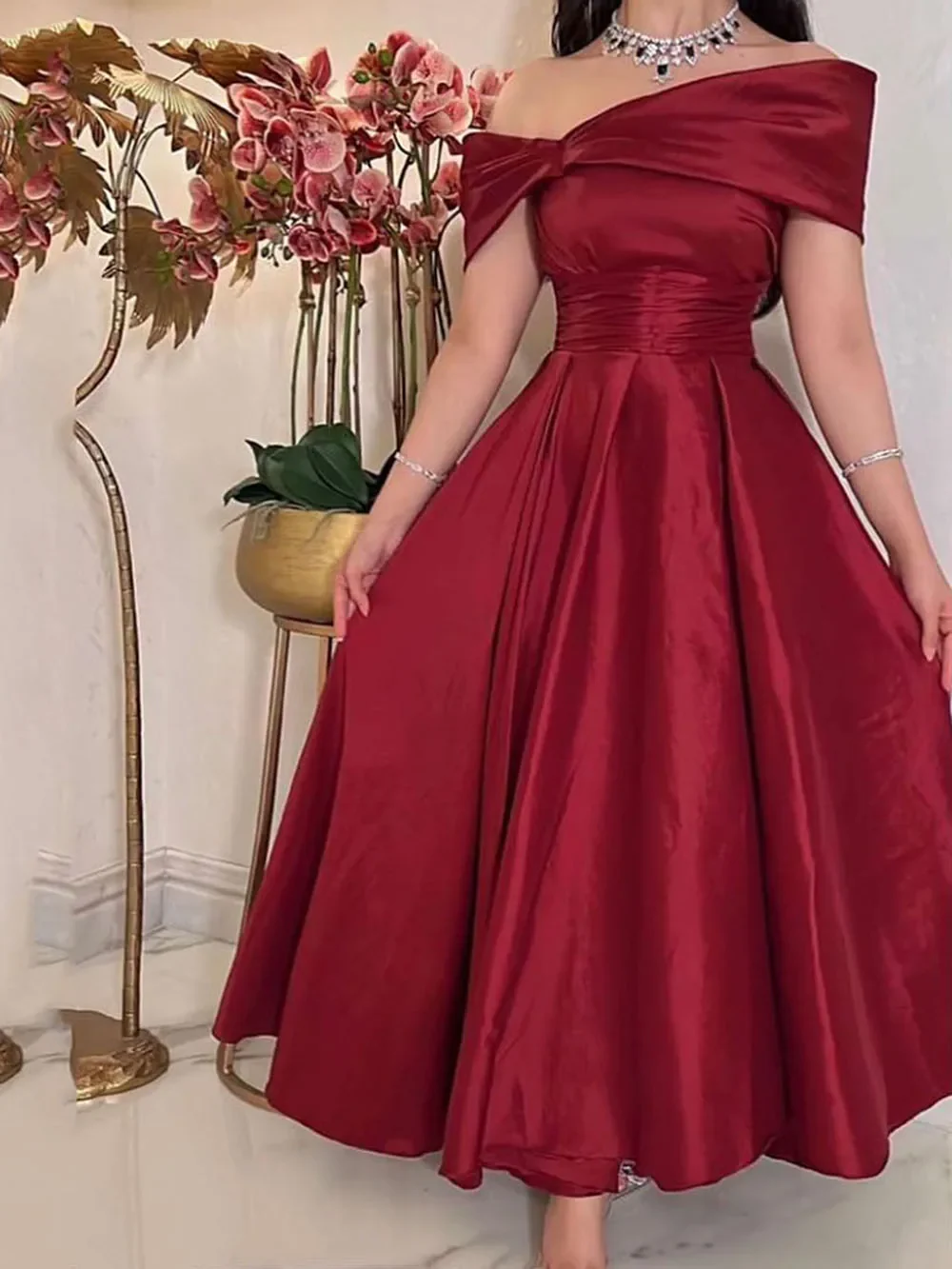 Dark Red Midi Prom Dresses Off Sleeves Ankle Length Arabic Dubai Formal Party Gowns fg6497 - View 2 | VelvetHem