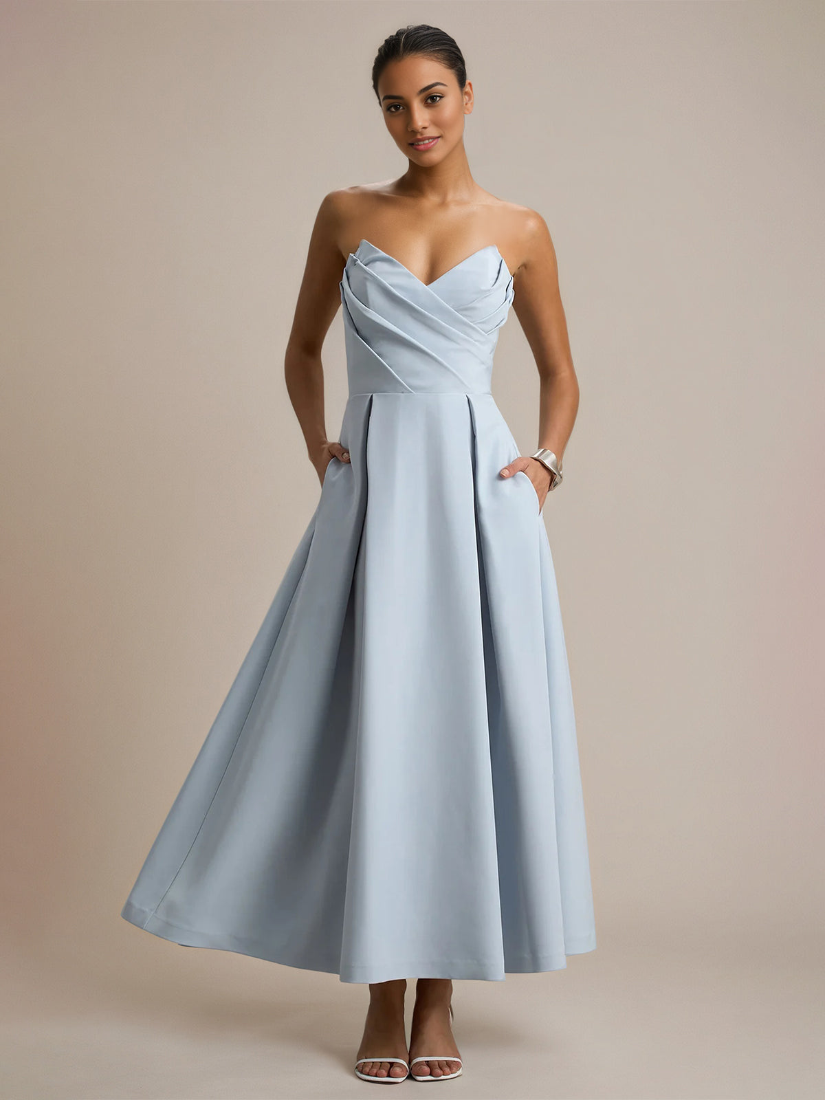 Powder Blue A Line Stretch Crepe Sweetheart Ankle Length Dress - VelvetHem