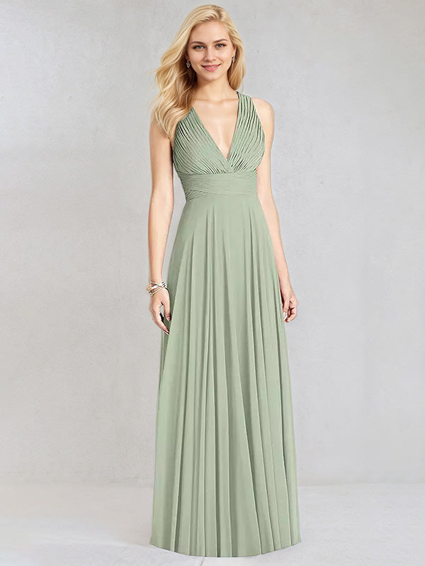 Sage Chiffon A Line V Neck Sleeveless Floor Length Bridesmaid Dress - VelvetHem