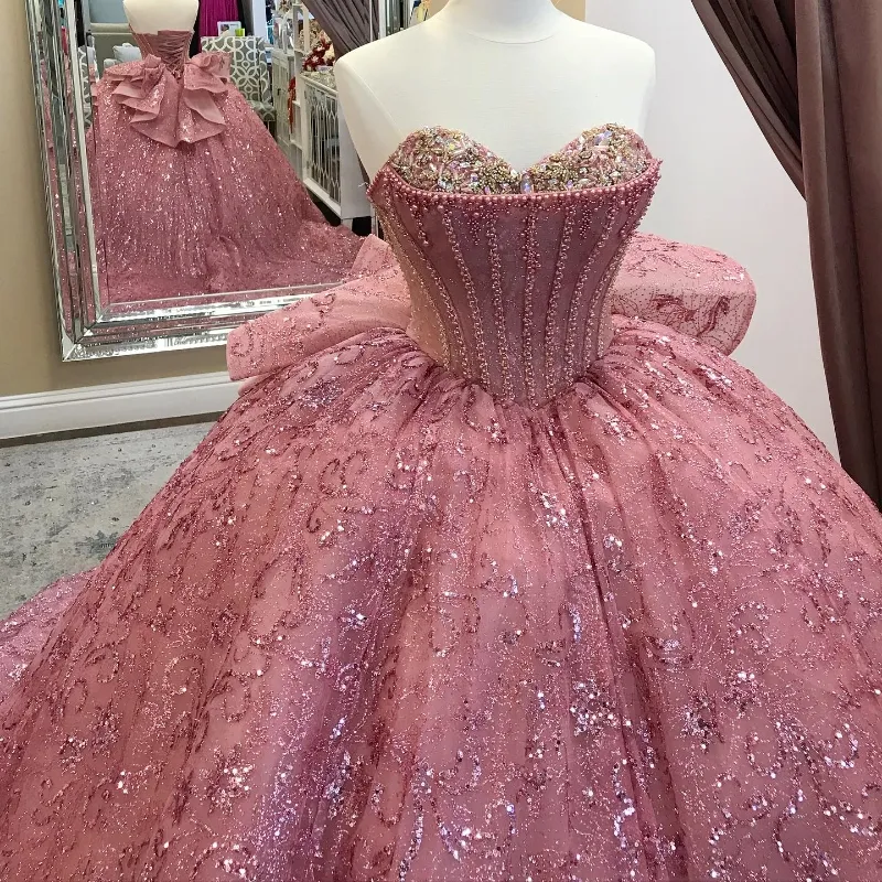 Pink Sequined Ball Gown Quinceanera Off The Shoulder Corset Lace Beads Crystal Sweet 16 Dress fg6633 - View 2 | VelvetHem