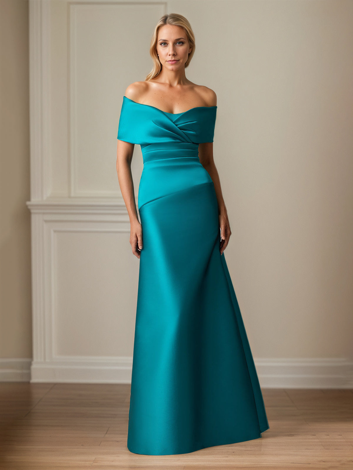 Teal Satin Sheath/Column Off The Shoulder Sleeveless Floor Length Mother of the Bride Dresses - VelvetHem