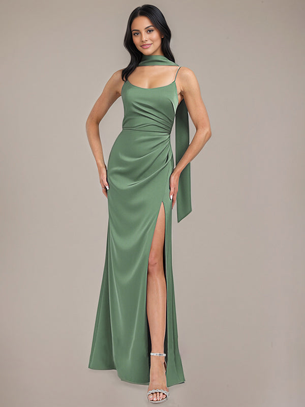Eucalyptus Sheath/Column Spaghetti Straps Floor-Length Satin Bridesmaid Dress With Scarf - VelvetHem
