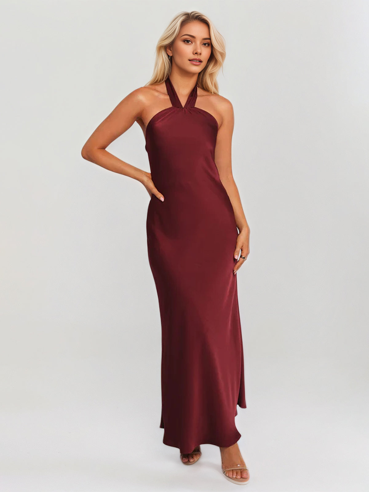 Plum Satin Sheath/Column Halter Neck Sleeveless Ankle Length Bridesmaid Dresses - VelvetHem