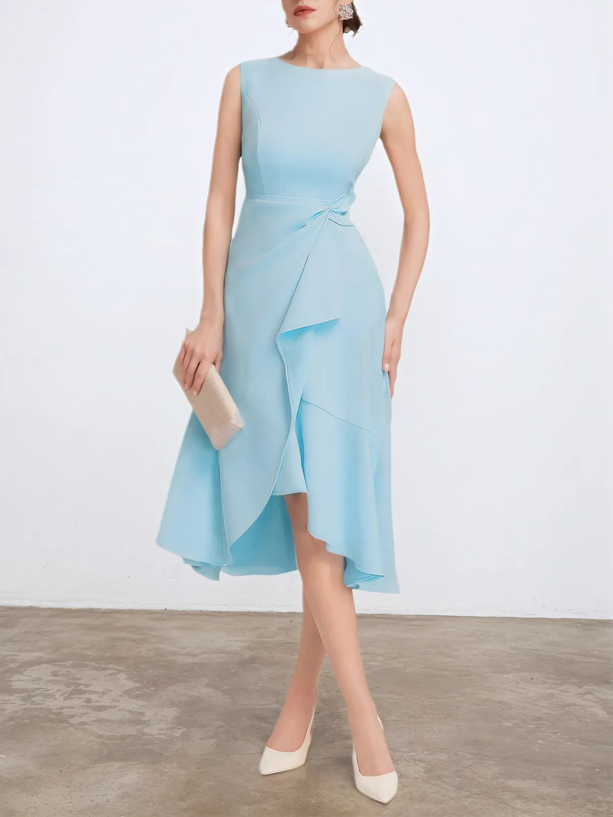 Light Blue Sleeveless Midi Elegant A-line Dress with Waist Twist for Day-to-Night - VelvetHem