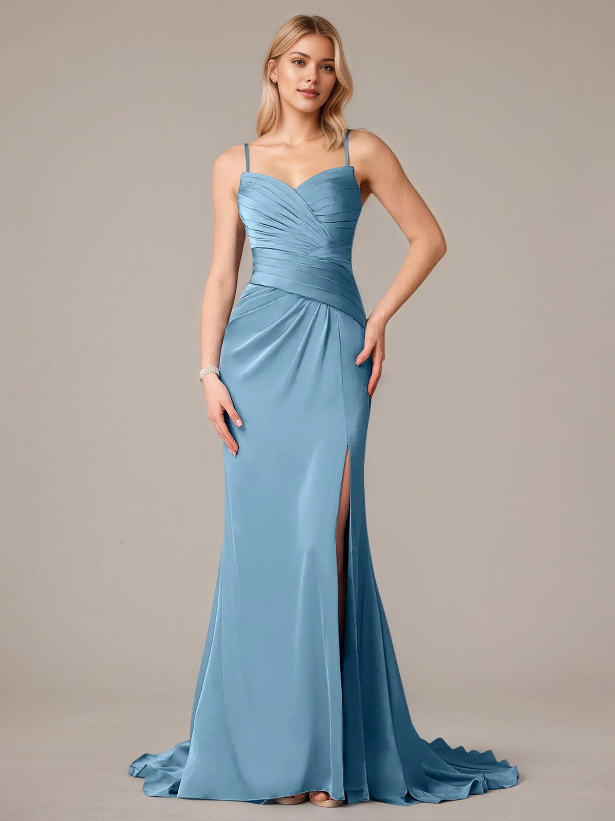 Steel Blue Sheath/Column Satin Spaghetti Straps Sleeveless Floor Length Dresses
