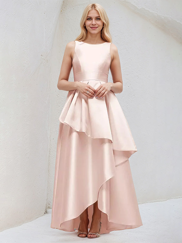 Blushing Pink A Line Scoop Neck Sleeveless Asymmetrical Satin Bridesmaid Dresses - VelvetHem