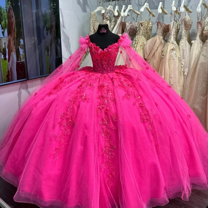 Quincea�era Off-Shoulder Lace Appliques Tulle Ball Gown Dress with Cape for Sweet 16 Birthday fg6296 - View 3 | VelvetHem