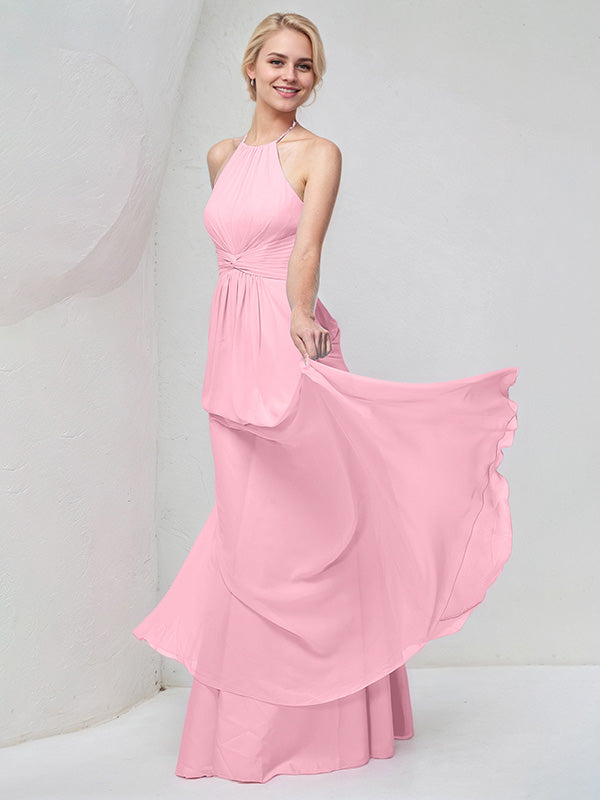Pink Chiffon A Line Halter Neck Floor Length Bridesmaid Dress - VelvetHem