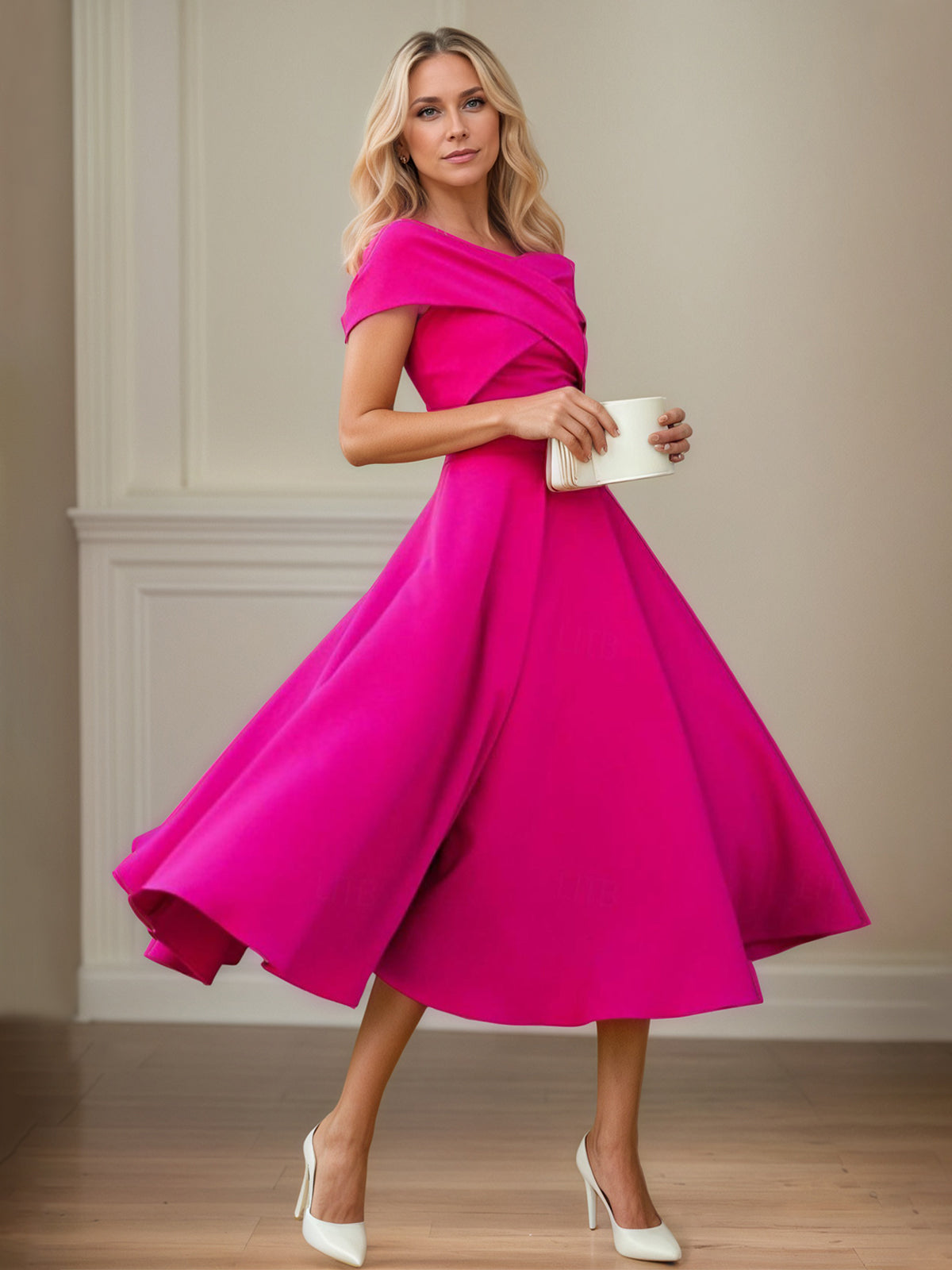 Fuchsia Stretch Crepe A Line Off The Shoulder Short Sleeves Tea Length Mother of the Bride Dresses - VelvetHem