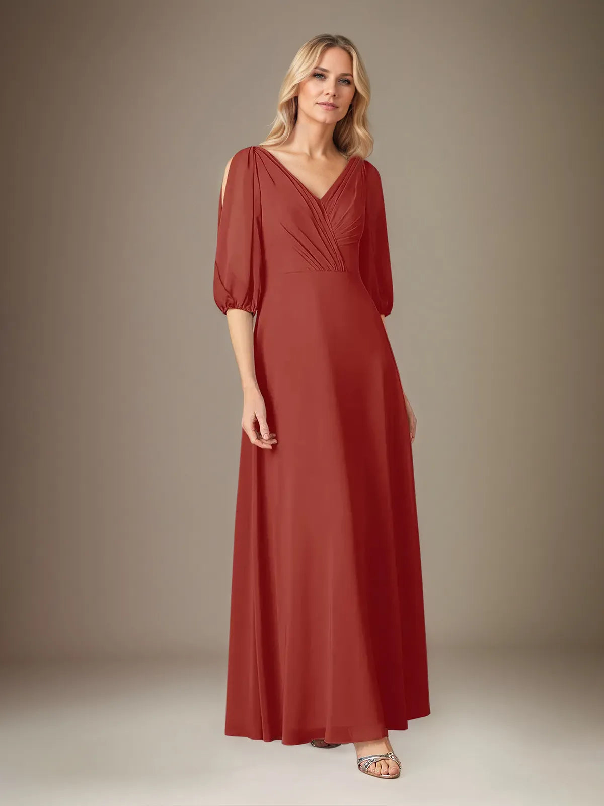 A Line Chiffon V Neck 1/2 Sleeves Floor Length Pleated Mother of the Bride Dresses - VelvetHem