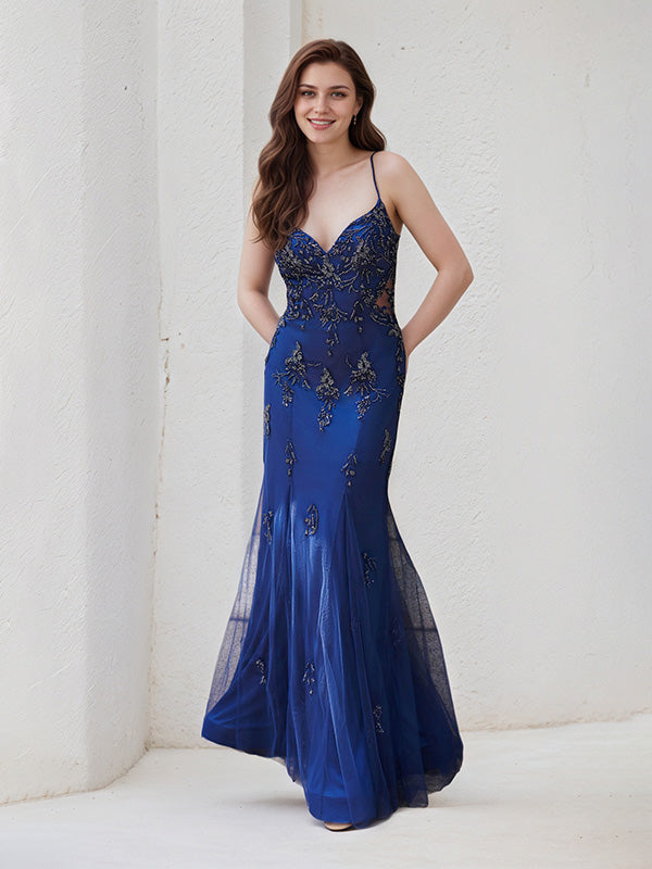 Navy Blue Tulle Trumpet/Mermaid Spaghetti Straps Sleeveless Floor Length Bridesmaid Dress - VelvetHem