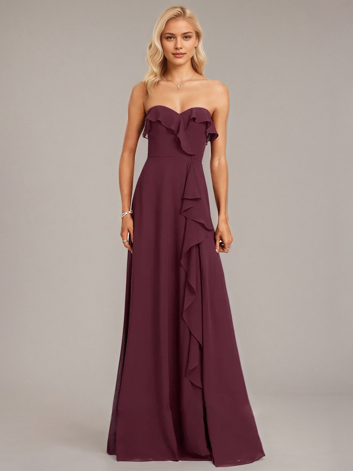 Grape A-Line Sweetheart Floor-Length Chiffon Bridesmaid Dress With Ruffle - VelvetHem