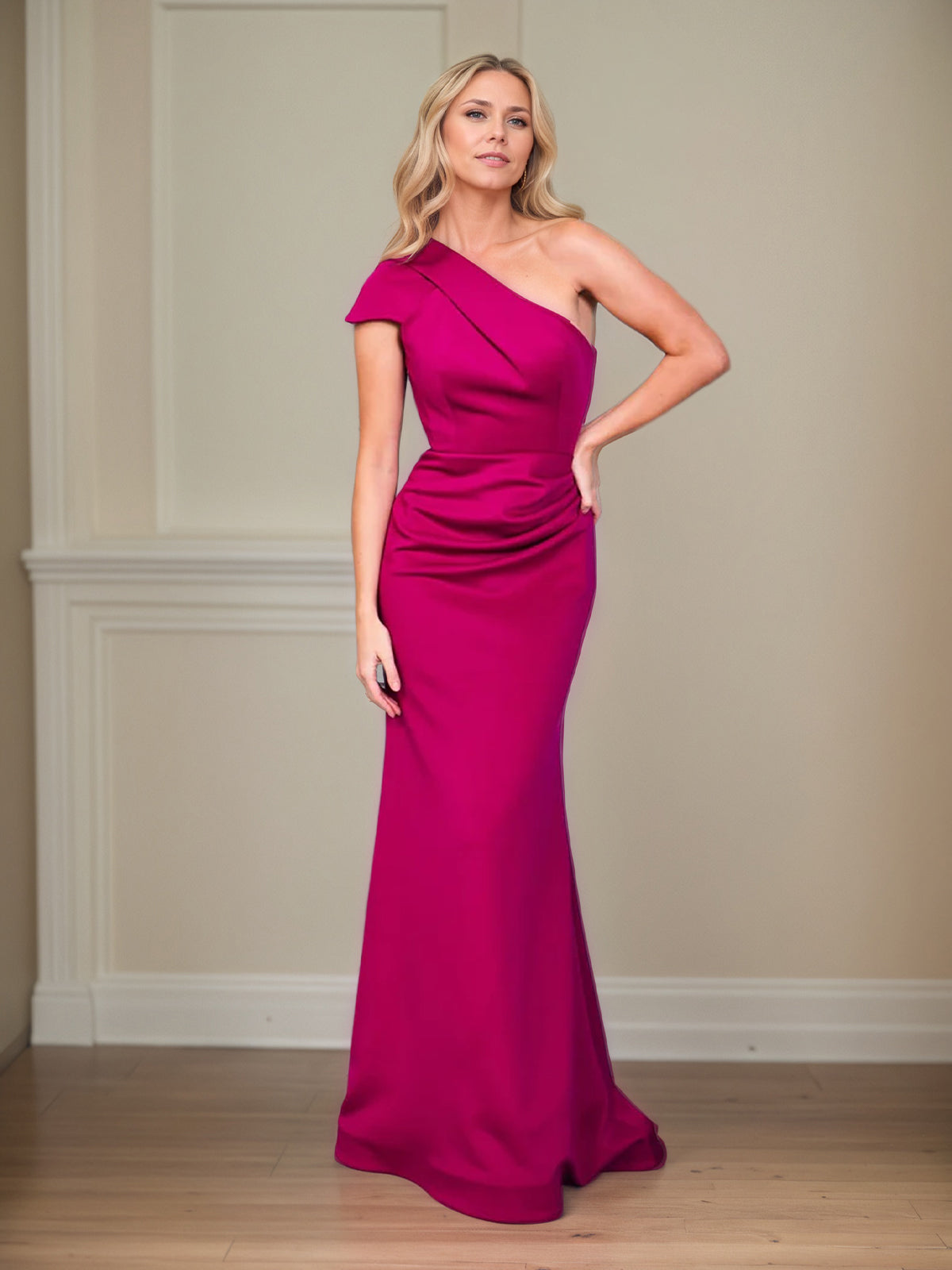 Satin Sheath/Column One Shoulder Short Sleeves Floor Length Mother of the Bride Dresses - VelvetHem