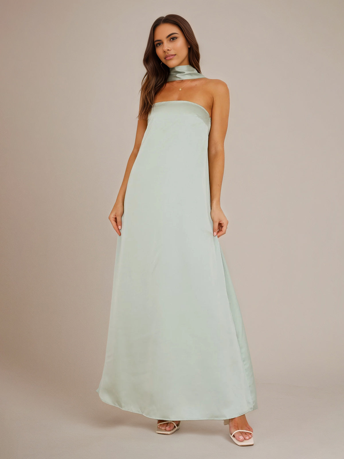 Sage Satin A Line Halter Neck Sleeveless Floor Length Bridesmaid Dresses - VelvetHem