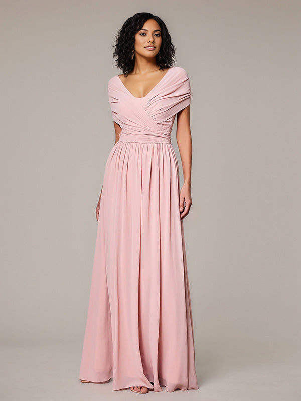 Petal A Line Chiffon V Neck Short Sleeves Floor-Length Bridesmaid Dresses - VelvetHem