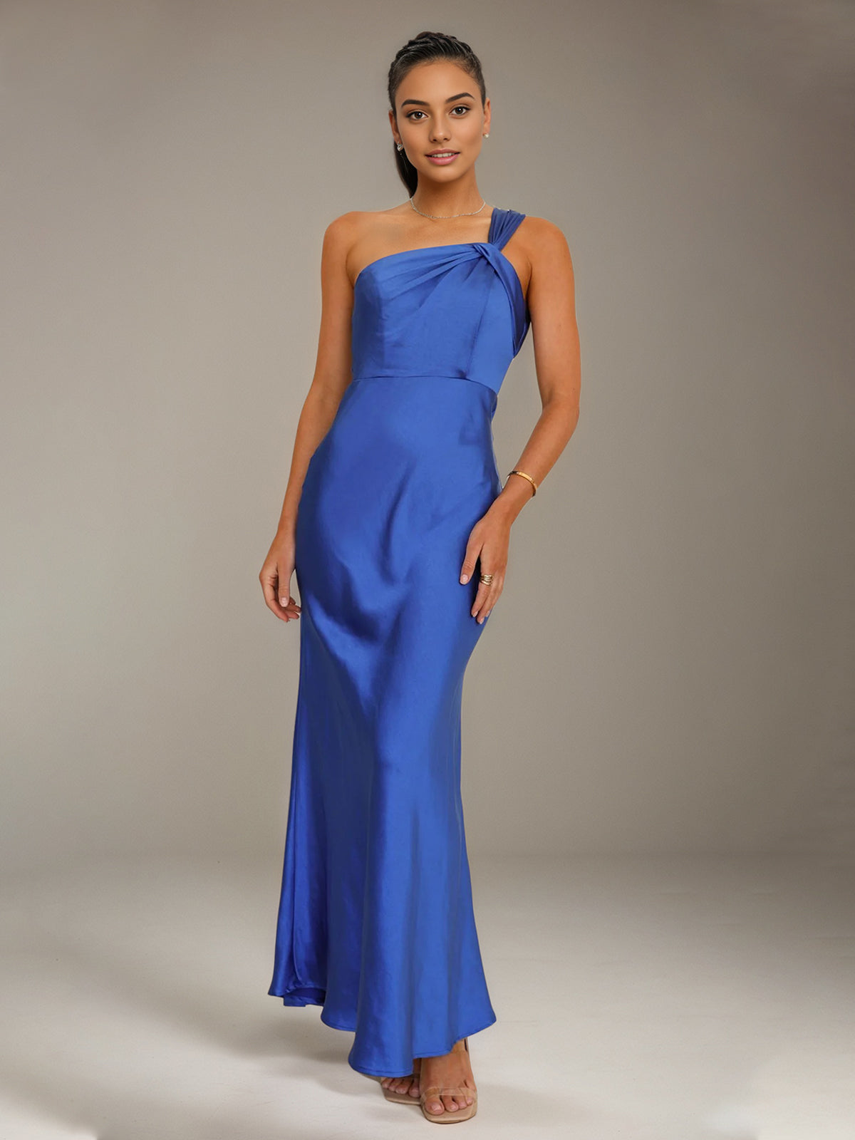 Cobalt Blue Satin Sheath/Column One shoulder Ankle Length Bridesmaid Dresses - VelvetHem