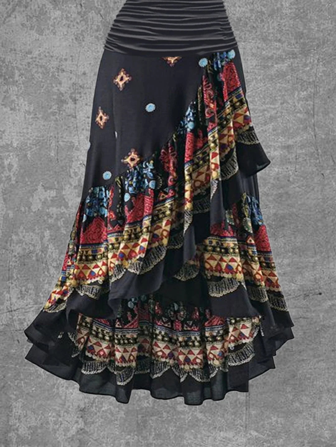 Boho Pattern Irregular Ruffle Hem Maxi Dress Sleeveless