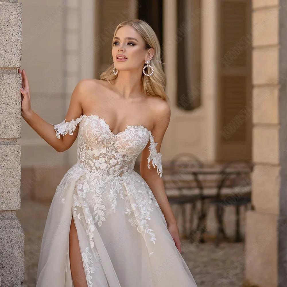 Light Champagne Pastrol Wedding Dresses Off Shoulder Sweetheart Bride Gowns Side Split A-Line Tulle Vestido De Novia (ZD13391) - VelvetHem