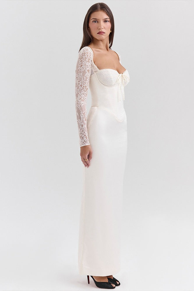 Long Sleeve Lace Satin Maxi Dress - View 6 | VelvetHem