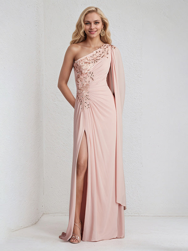 A Line Pink Chiffon One Shoulder Long cape sleeve Floor Length Pleated Dress With Appliques - VelvetHem
