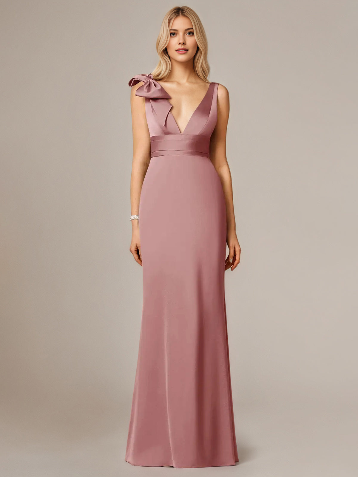 Dusty Rose Satin Sheath/Column V Neck Sleeveless Floor-Length Bridesmaid Dress With Bow - VelvetHem