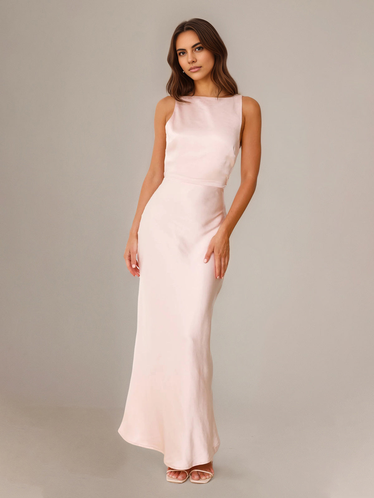 Blushing Pink Satin Sheath/Column Scoop Floor Length Bridesmaid Dresses - VelvetHem