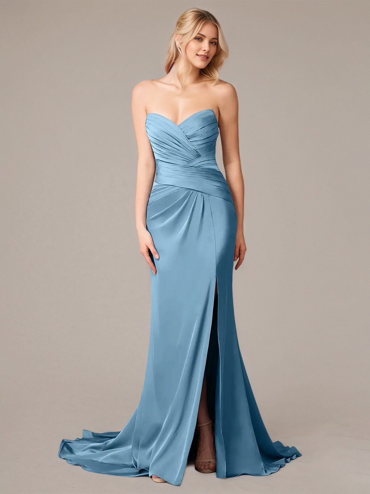 Steel Blue Sheath/Column Satin Spaghetti Straps Sleeveless Floor Length Dresses