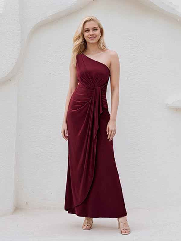 A Line Burgundy Satin One Shoulder Sleeveless Ankle Length Dress - VelvetHem