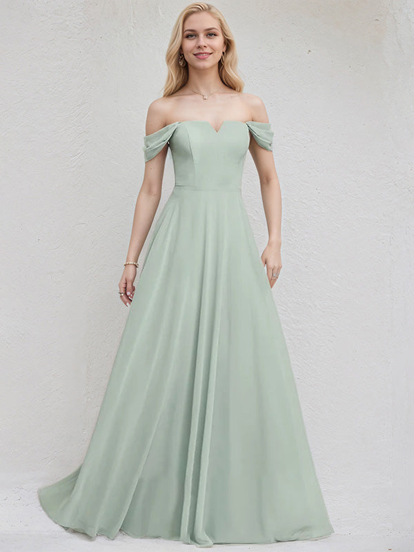 Agave Chiffon A Line Off the Shoulder Sleeveless Floor Length Bridesmaid Dress - VelvetHem