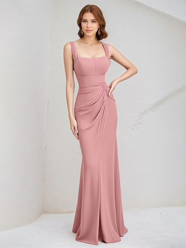 Pink Chiffon Square Neck Sleeveless Floor Length Dress With High Slit - VelvetHem