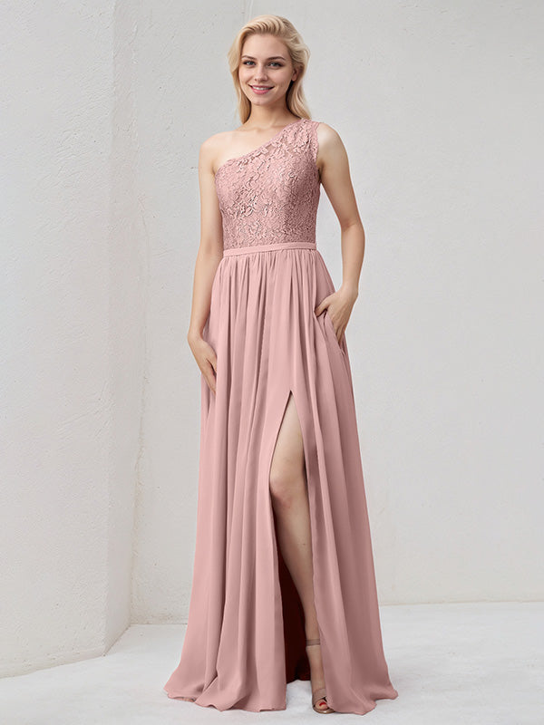 Dusty Rose Chiffon A Line One Shoulder Floor Length Bridesmaid Dress With Appliques - VelvetHem