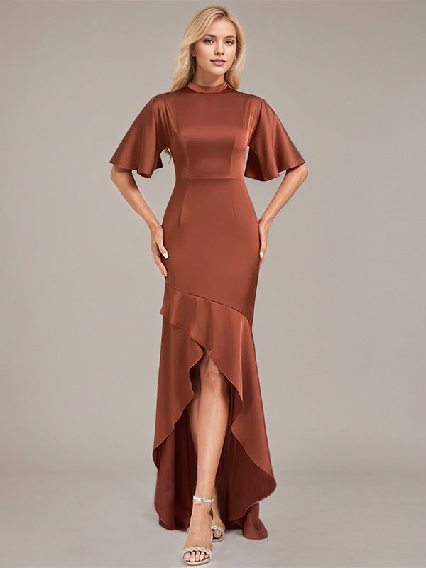 Trumpet/Mermaid High Neck Short Sleeves Asymmetrical Satin Bridesmaid Dress - VelvetHem