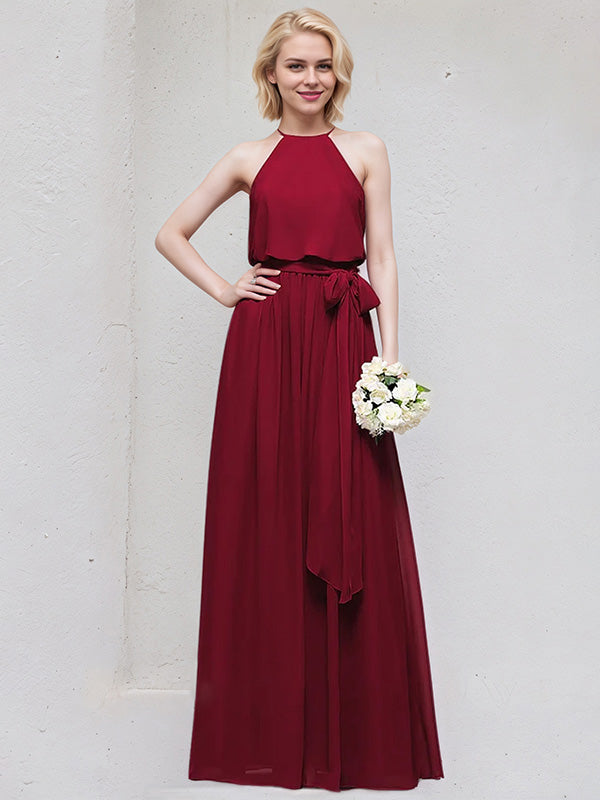Burgundy A-Line Scoop Floor-Length Chiffon Bridesmaid Dress With Bow - VelvetHem
