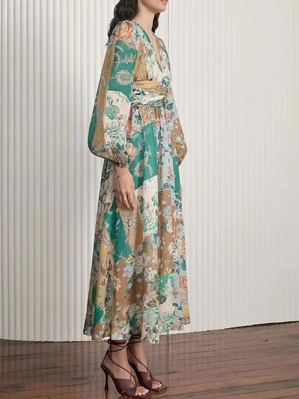 Hand Painted Printed V Neck Waist Midi Dress