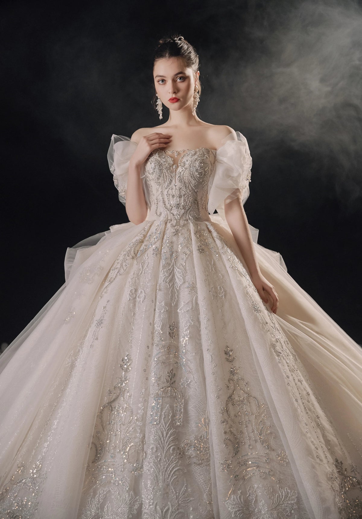 Elegant Off-the-Shoulder Ball Gown Sweetheart Neckline Tulle Puff Sleeve Beaded Lace Wedding Dress with Scalloped Train E-306 (ZD16885) - VelvetHem