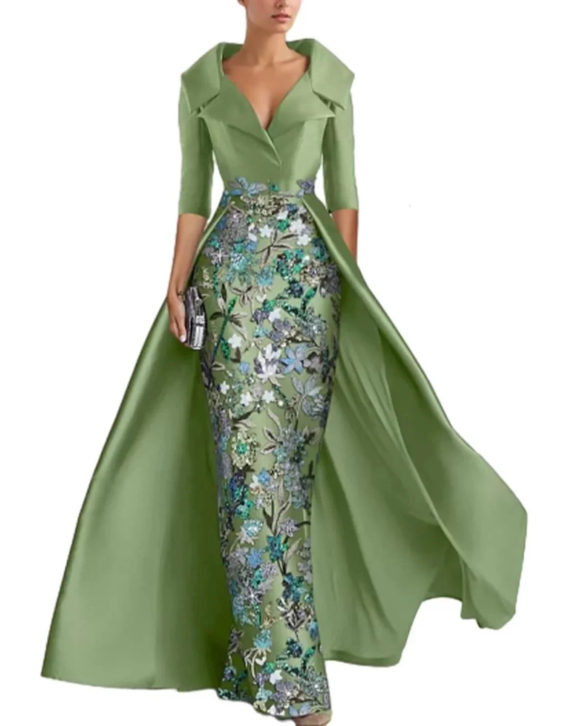 Olive green satin shawl fishtail dress (ZD16762) - VelvetHem