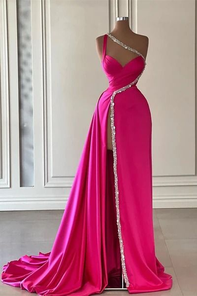 Gorgeous Hot Pink Pleated Satin Prom Party Dress Slit Evening Dress - View 3 | VelvetHem